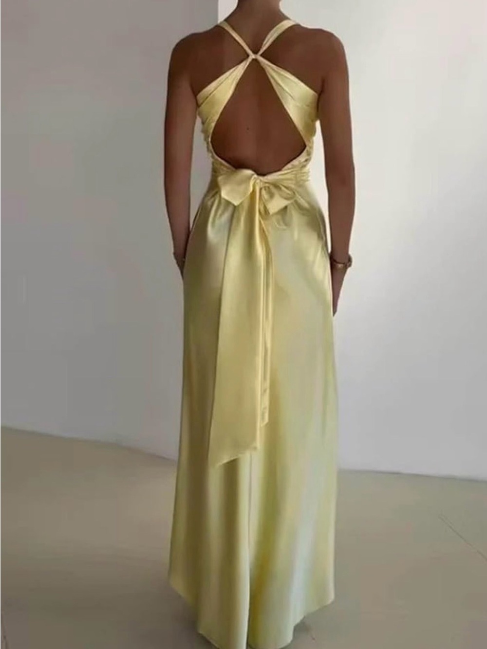 Amazon Pale Yellow Satin Backless Maxi Dress with Bow
